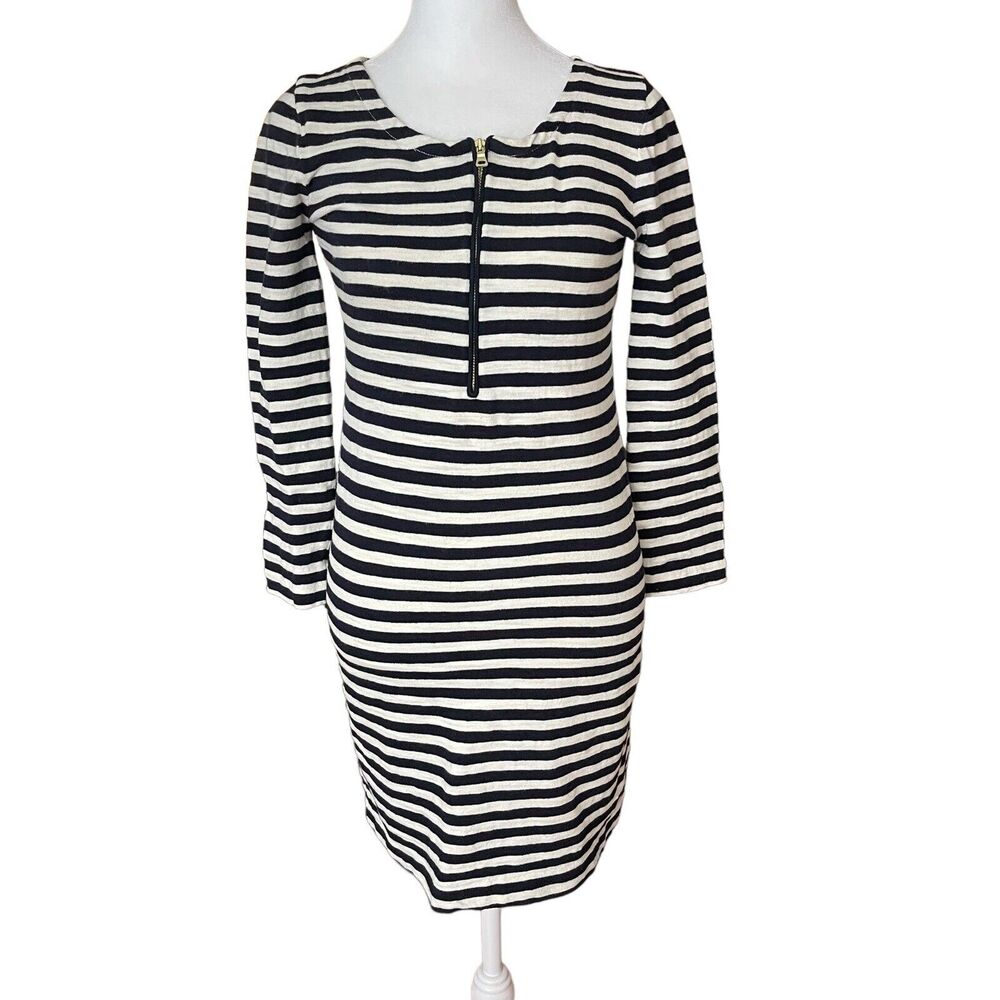 J.Crew 2XS Sheath Dress Striped Black White 1/4 Zip Popover Casual